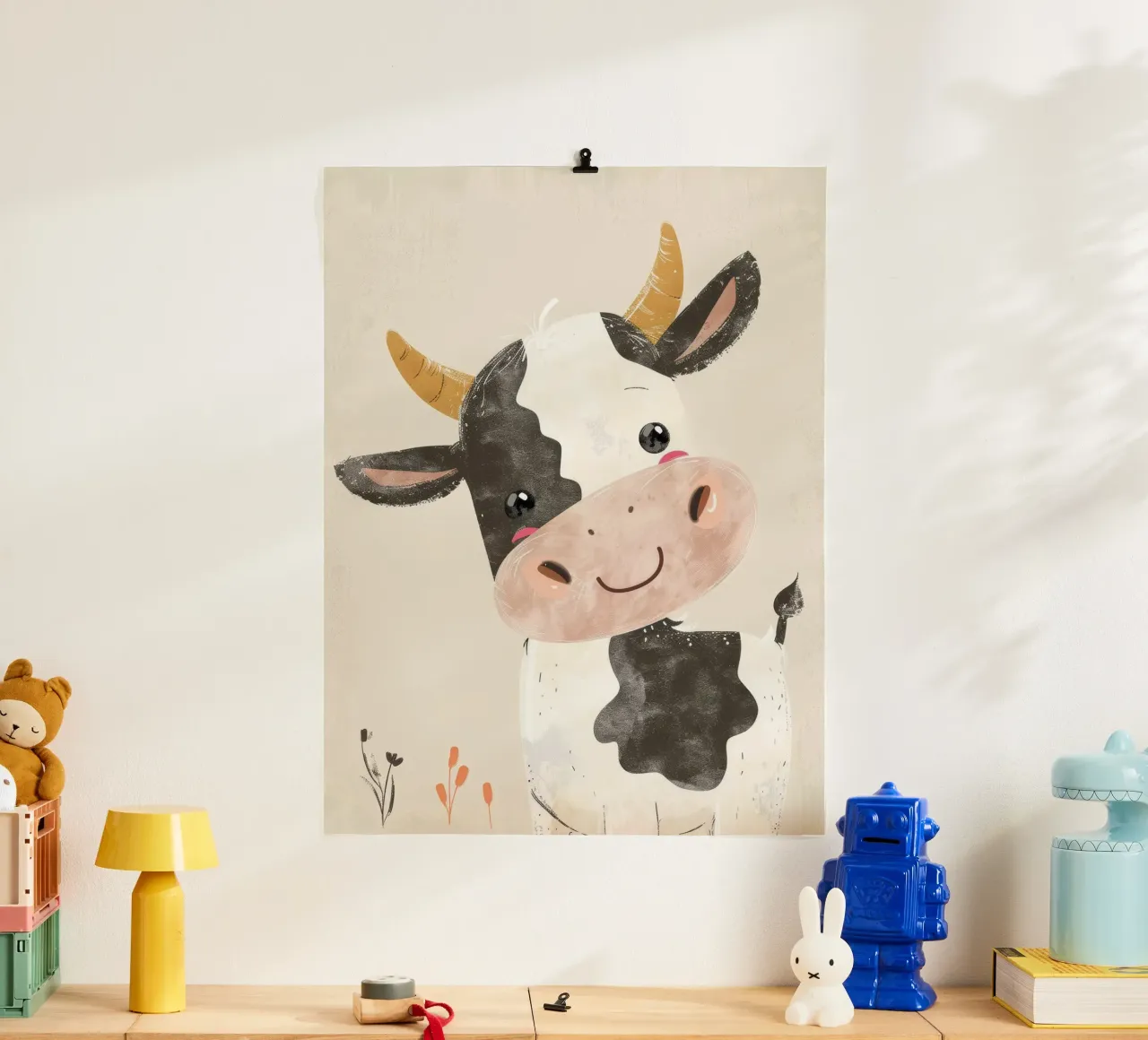 Mucca a cartoni animati con marcature in bianco e nero arte dell'acquerello carta hahnemühle da DesignDoodle