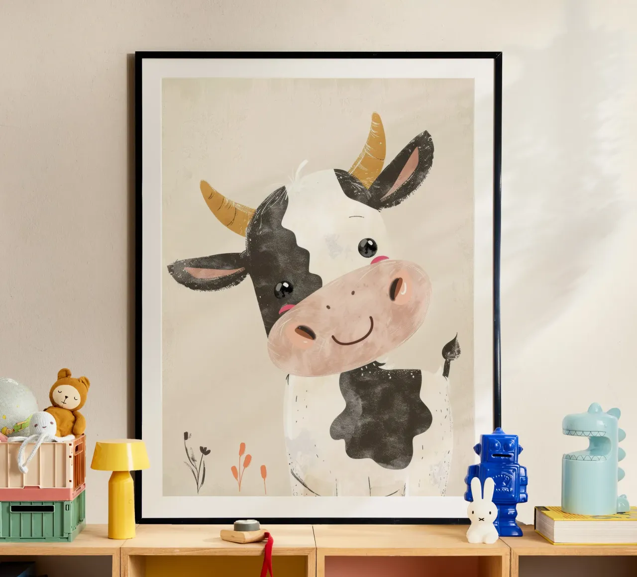 Mucca a cartoni animati con marcature in bianco e nero arte dell'acquerello carta hahnemühle da DesignDoodle