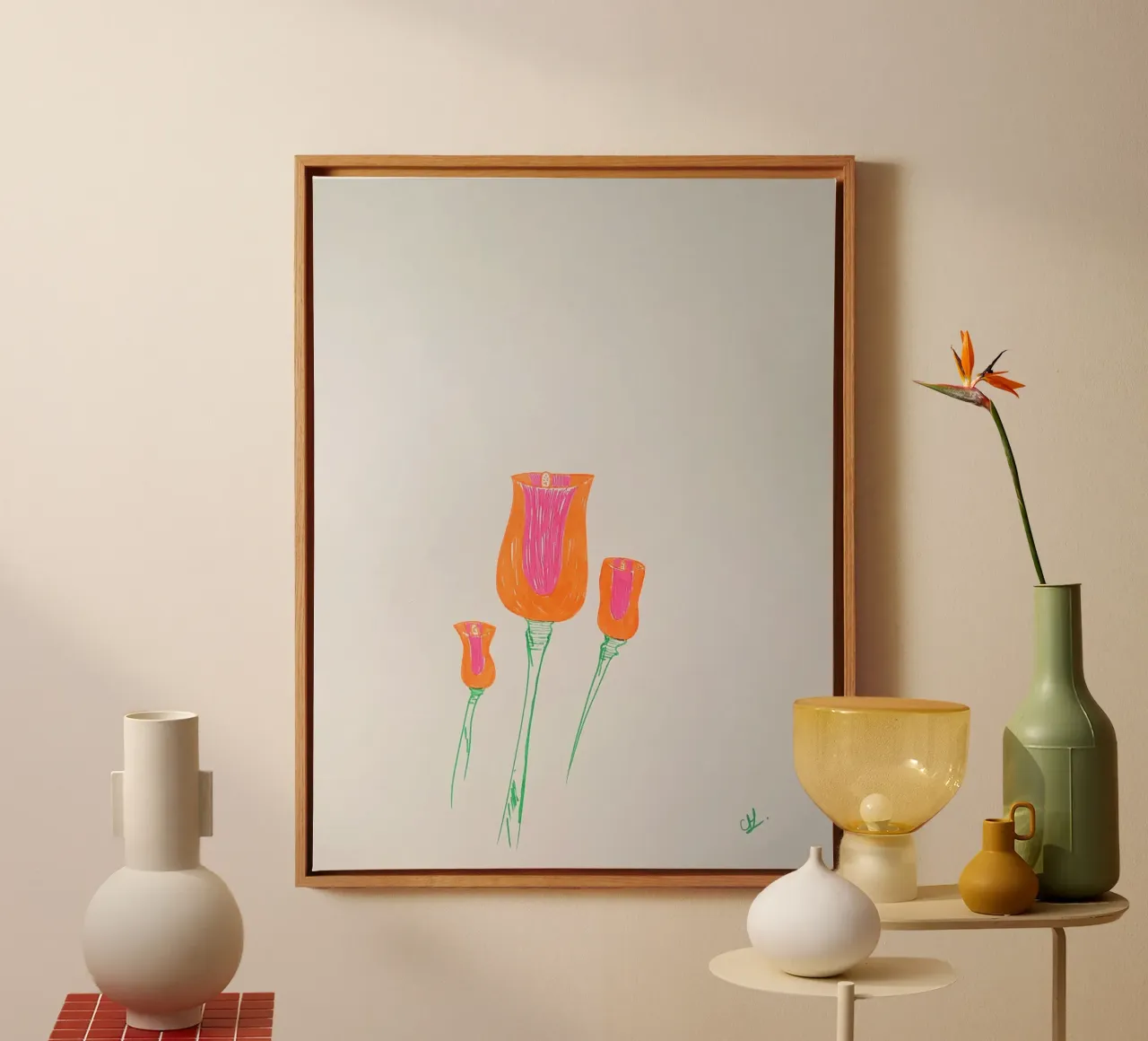 Two-coloured tulips canvas with Floater frame by Cohe studio