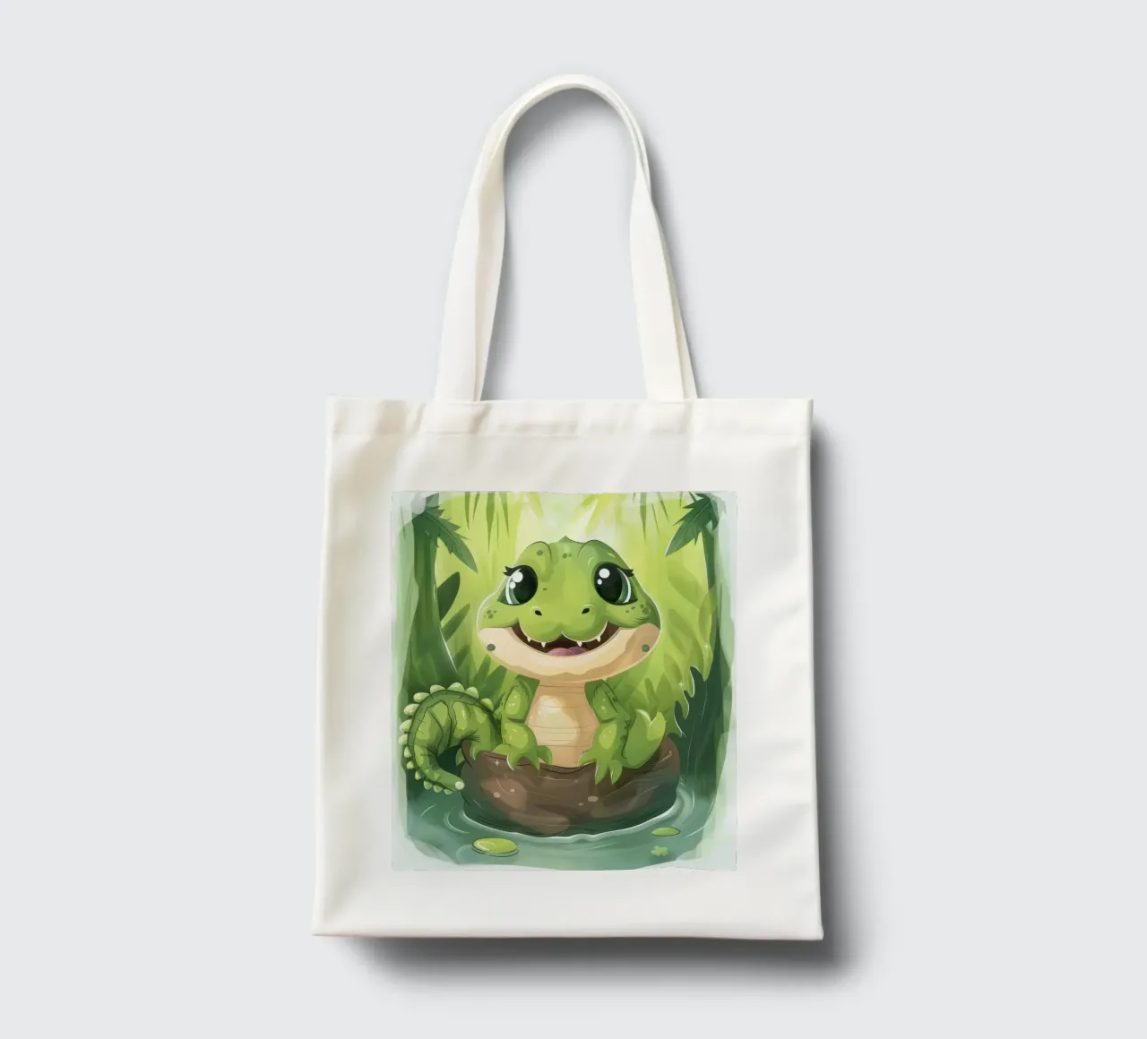 Cartoon Alligator in Log in Water with Jungle Background tote bag by DesignDoodle