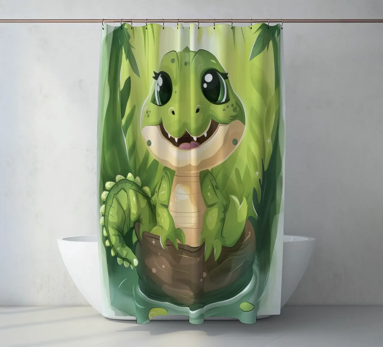 Cartone animato Alligatore in tronco in acqua con sfondo giungla tenda da doccia da DesignDoodle