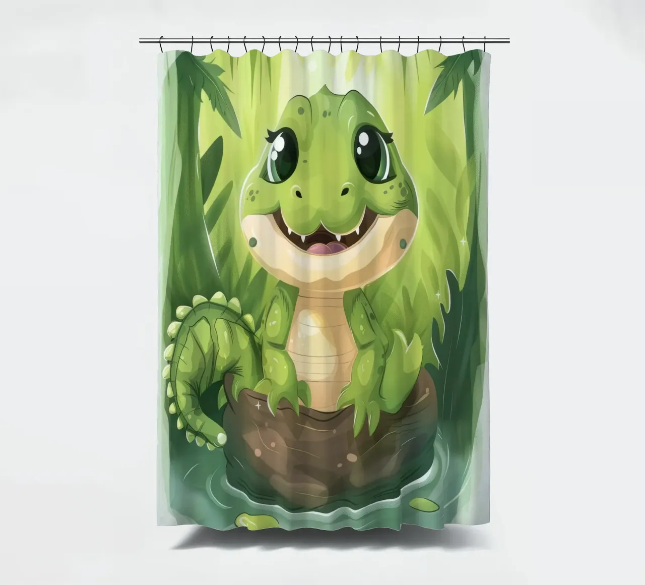 Cartone animato Alligatore in tronco in acqua con sfondo giungla tenda da doccia da DesignDoodle