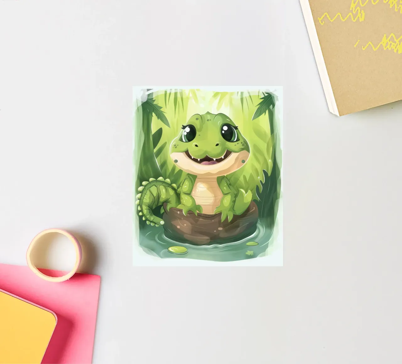 Cartoon Alligator in Log in Water with Jungle Background sticker by DesignDoodle