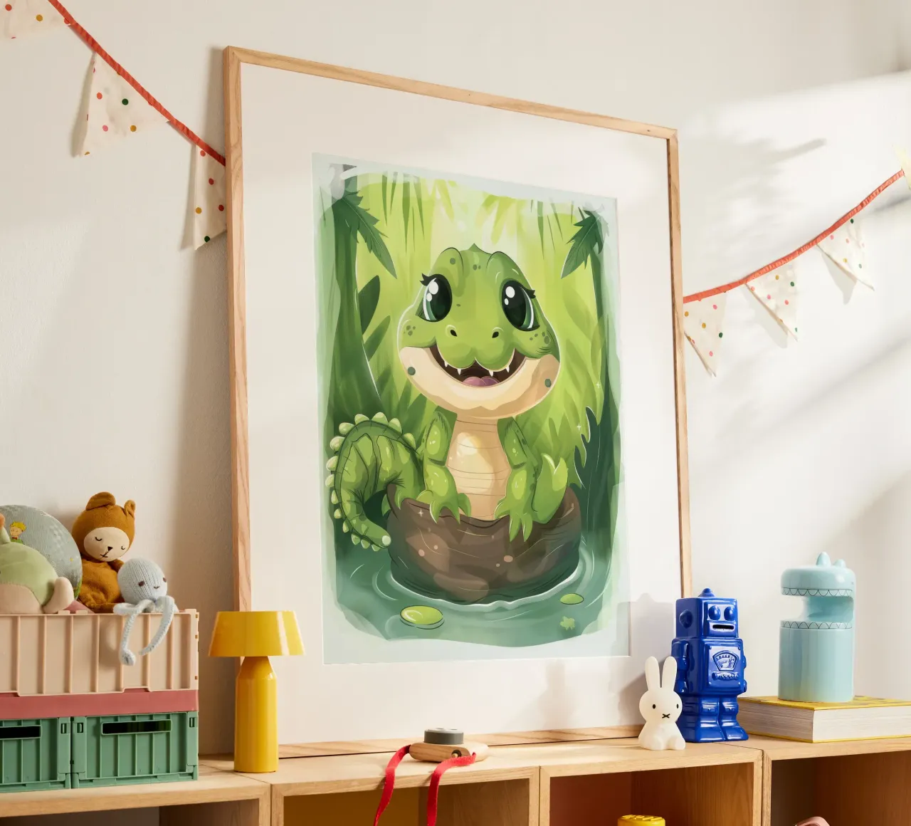 Cartoon Alligator in Log in Water with Jungle Background hahnemühle by DesignDoodle