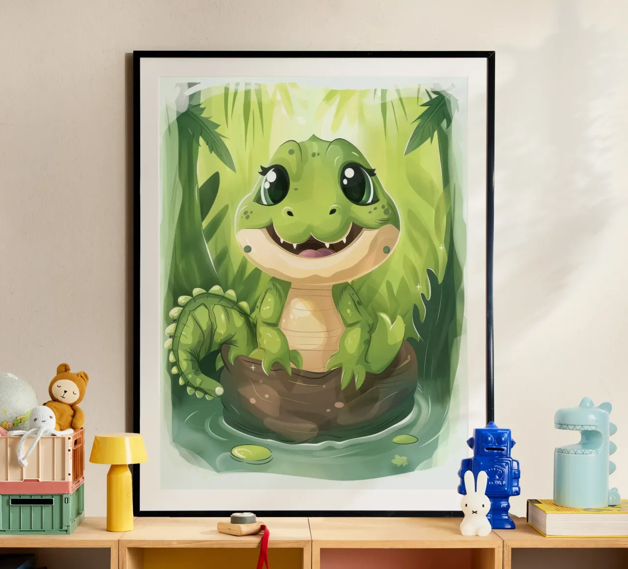 Cartoon Alligator in Log in Water with Jungle Background hahnemühle by DesignDoodle