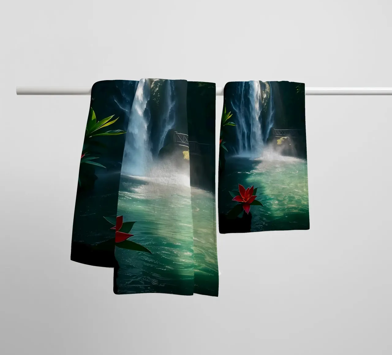 waterfall tropical-plants red-flowers towel by MountainShop