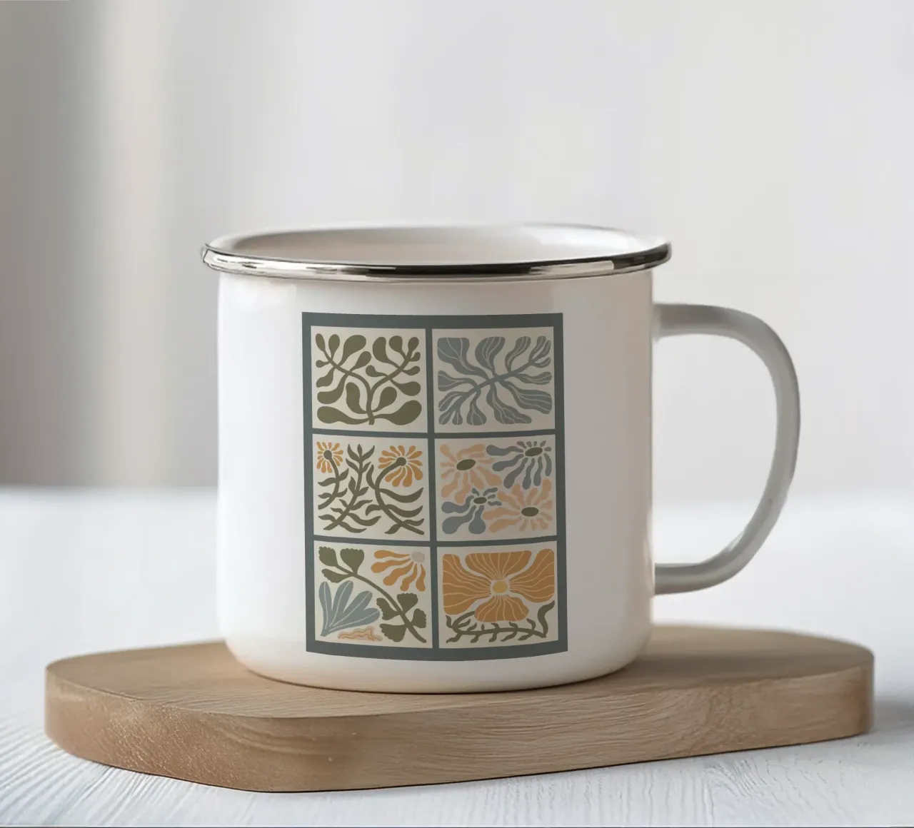 Retro Boho Golvende Bloemen emaille mok van E Cannon
