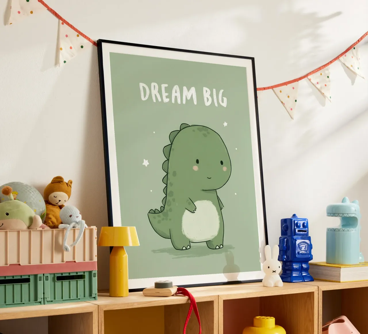 Cute Green Dinosaur with “Dream Big” on Soft Sage poster by Moodwall