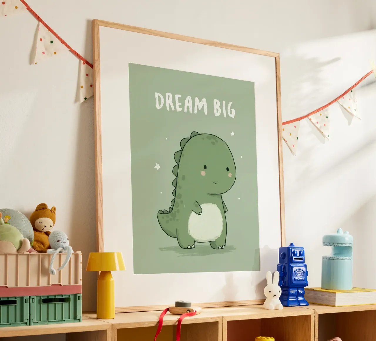 Cute Green Dinosaur with “Dream Big” on Soft Sage poster by Moodwall