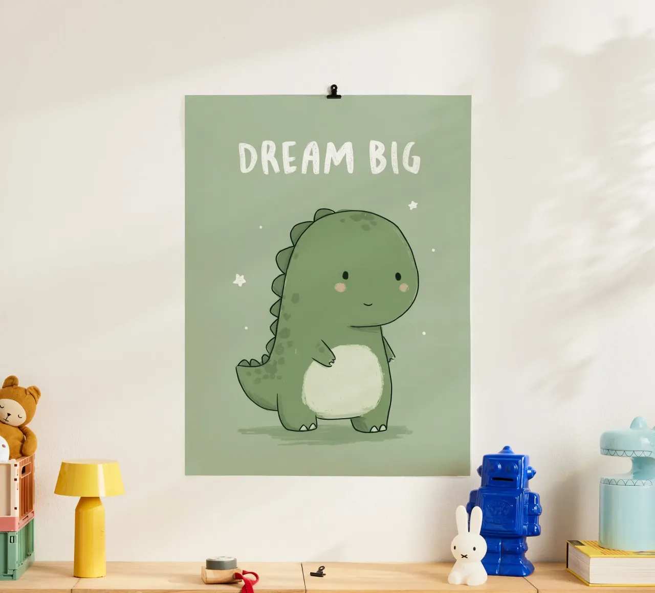 Cute Green Dinosaur with “Dream Big” on Soft Sage poster by Moodwall