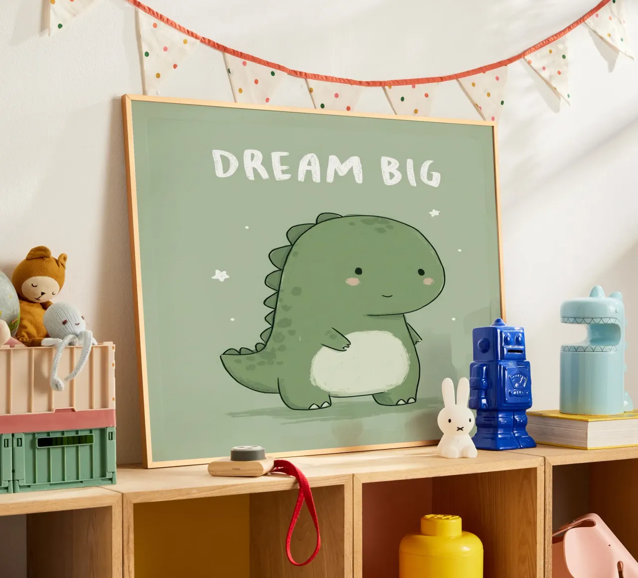 Cute Green Dinosaur with “Dream Big” on Soft Sage poster by Moodwall