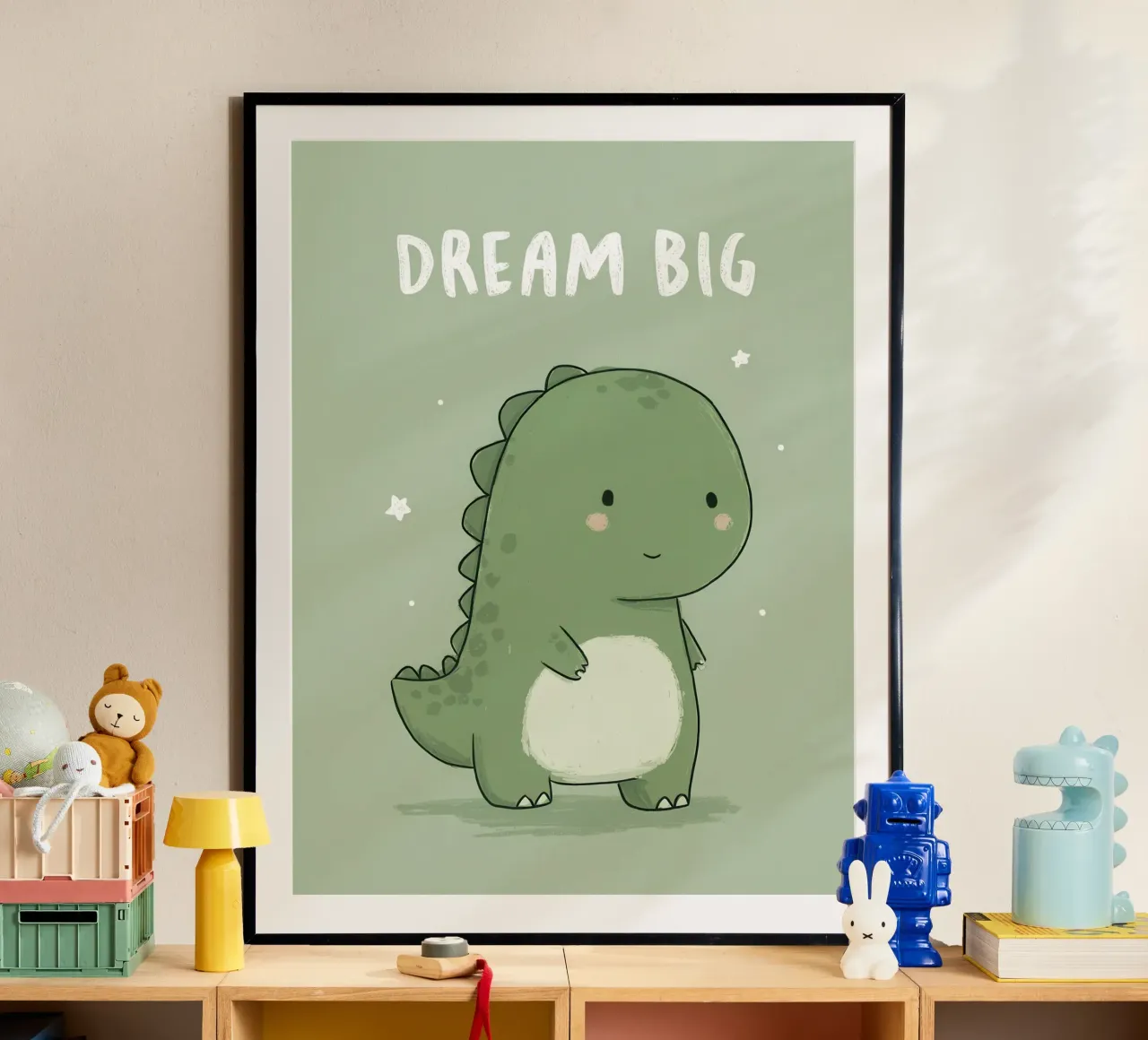 Cute Green Dinosaur with “Dream Big” on Soft Sage poster by Moodwall
