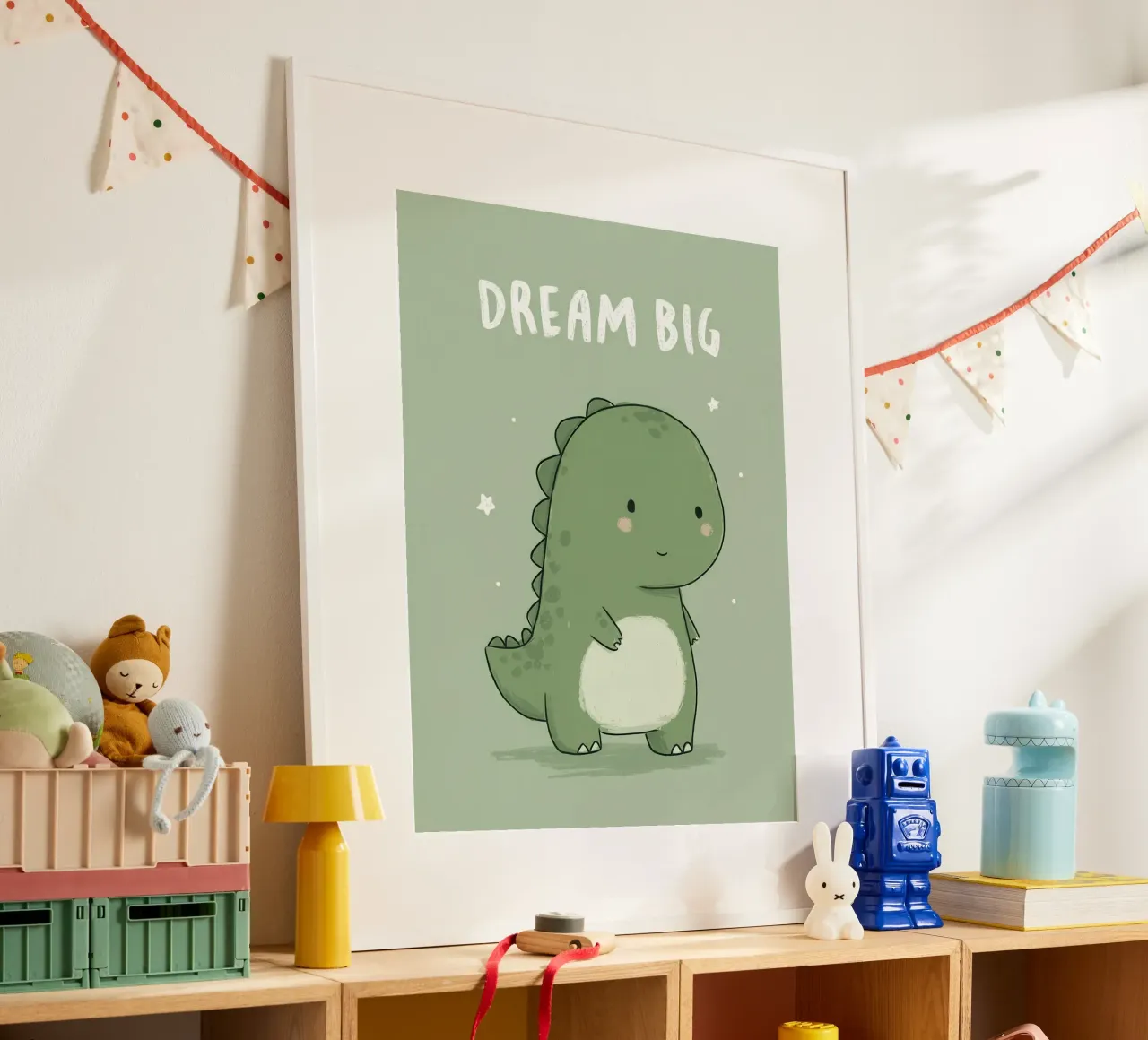 Cute Green Dinosaur with “Dream Big” on Soft Sage poster by Moodwall
