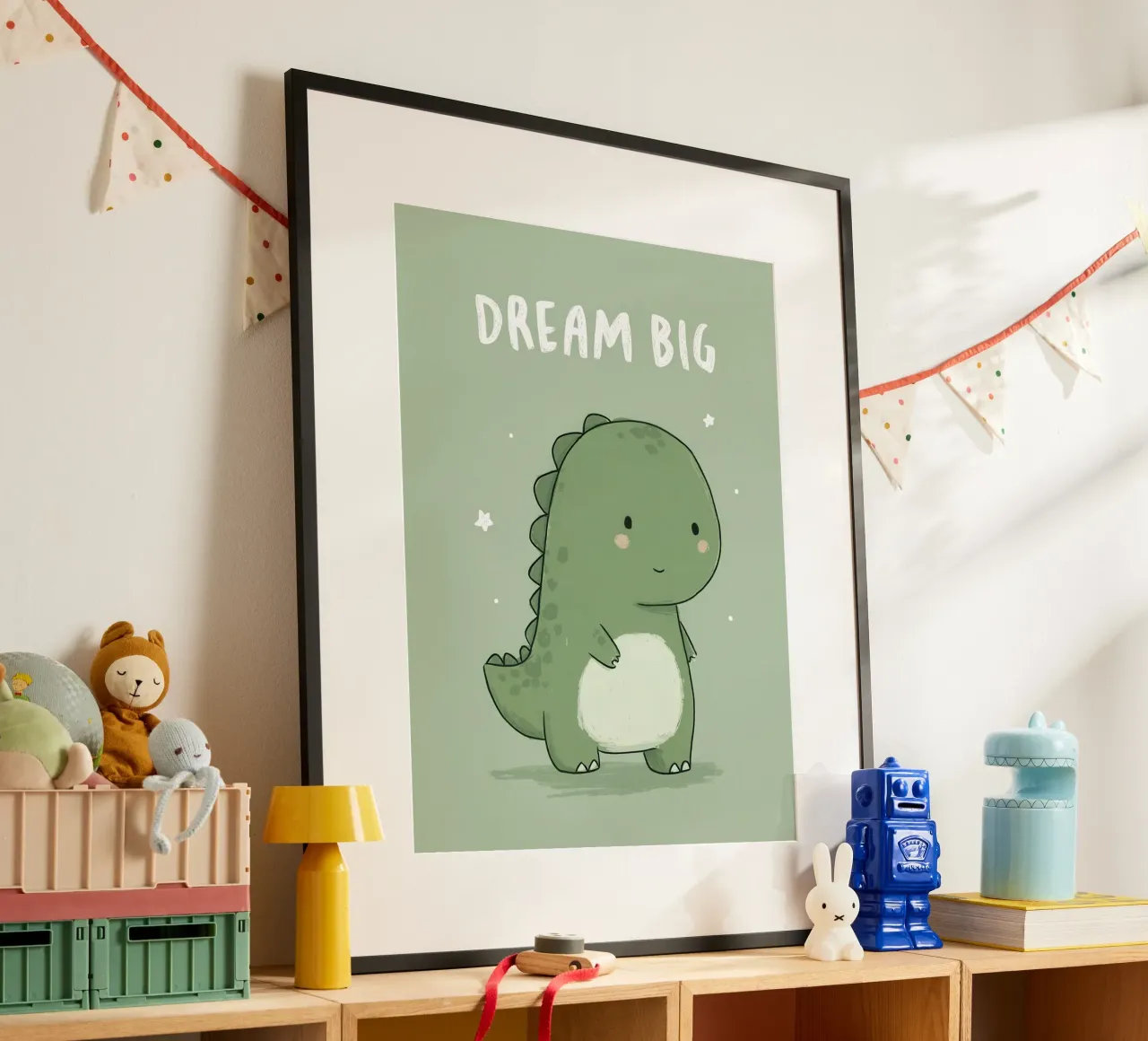 Cute Green Dinosaur with “Dream Big” on Soft Sage poster by Moodwall