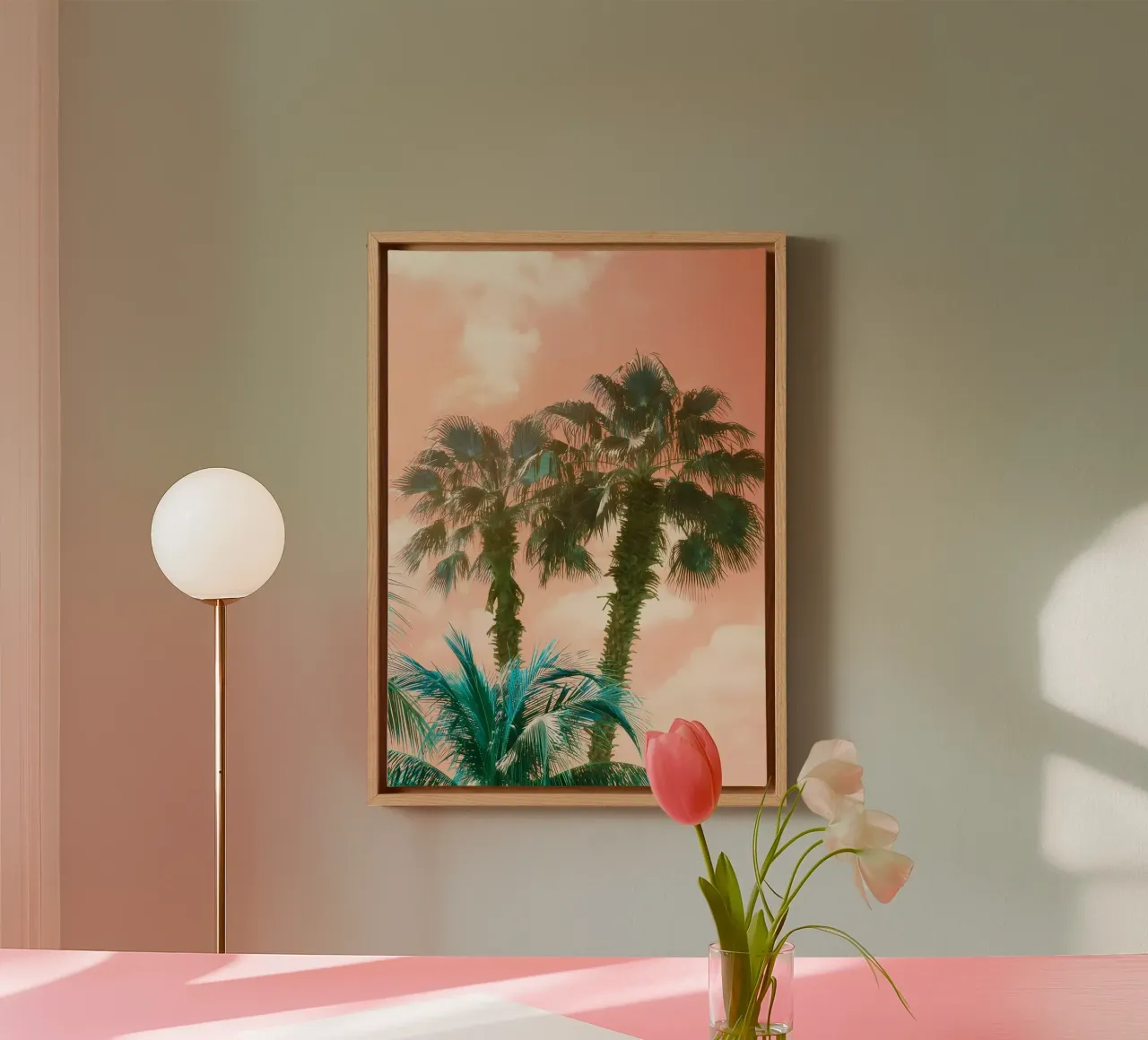 palm trees sunset sky clouds canvas with Floater frame by Jennifer R Spyhalski