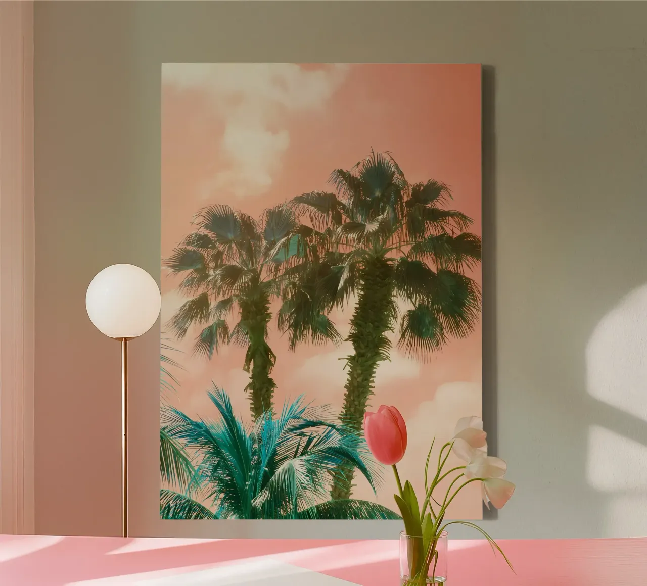 palm trees sunset sky clouds canvas with Floater frame by Jennifer R Spyhalski