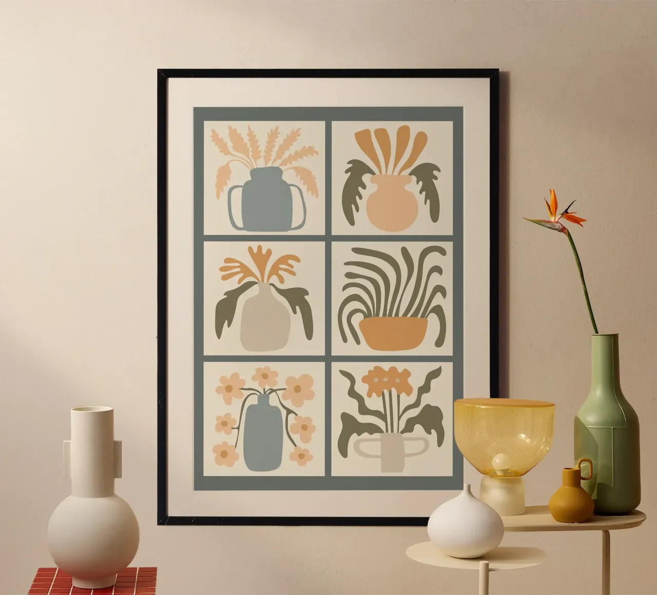 Minimalist Abstract Floral Wavy Flowers poster with wooden frame by E Cannon