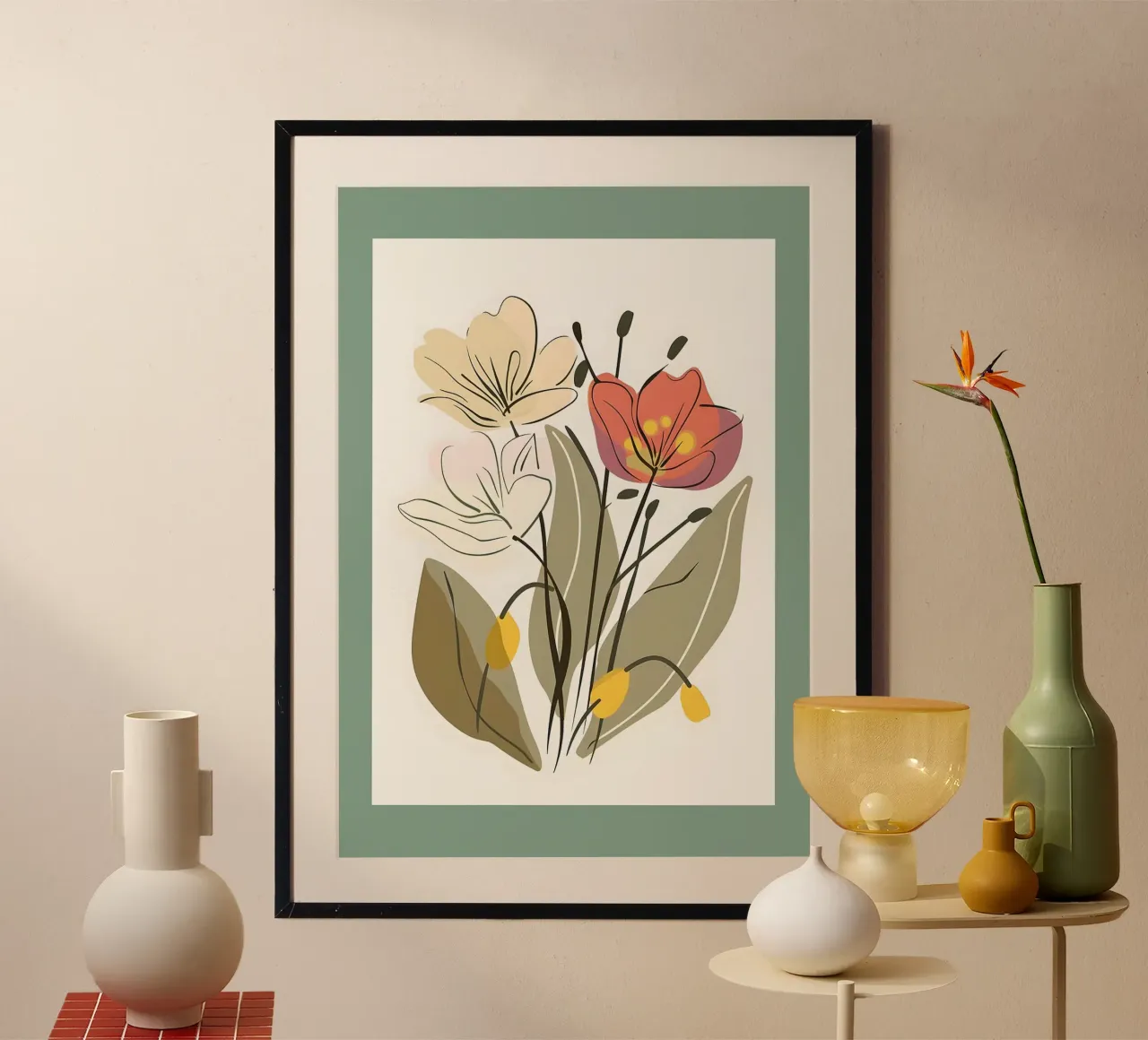 Florale Illustration mit roten und beigen Blumen Poster mit Holzrahmen von E Cannon