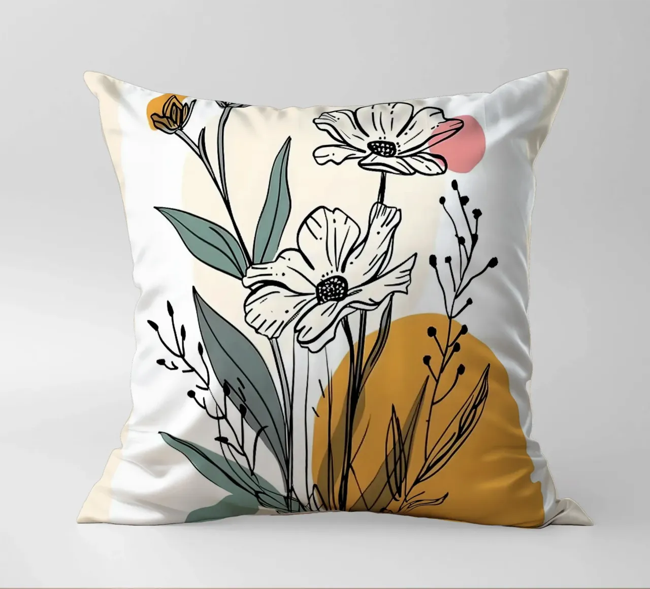 Line art floreale con forme astratte in rosa giallo blu cuscino da E Cannon