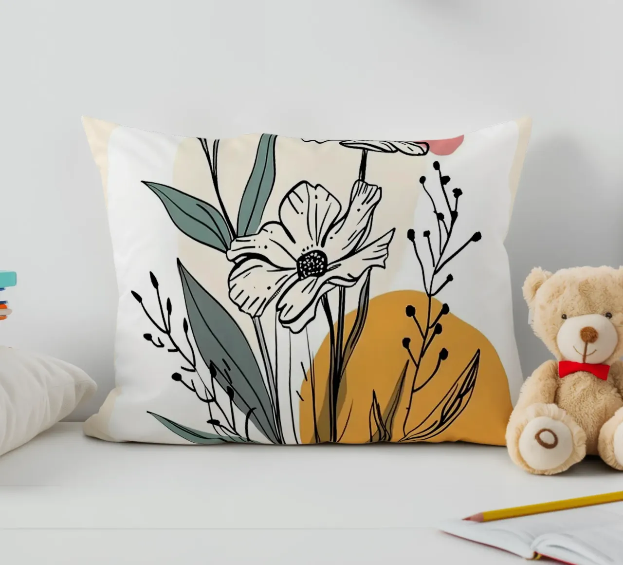 Line art floreale con forme astratte in rosa giallo blu cuscino da E Cannon
