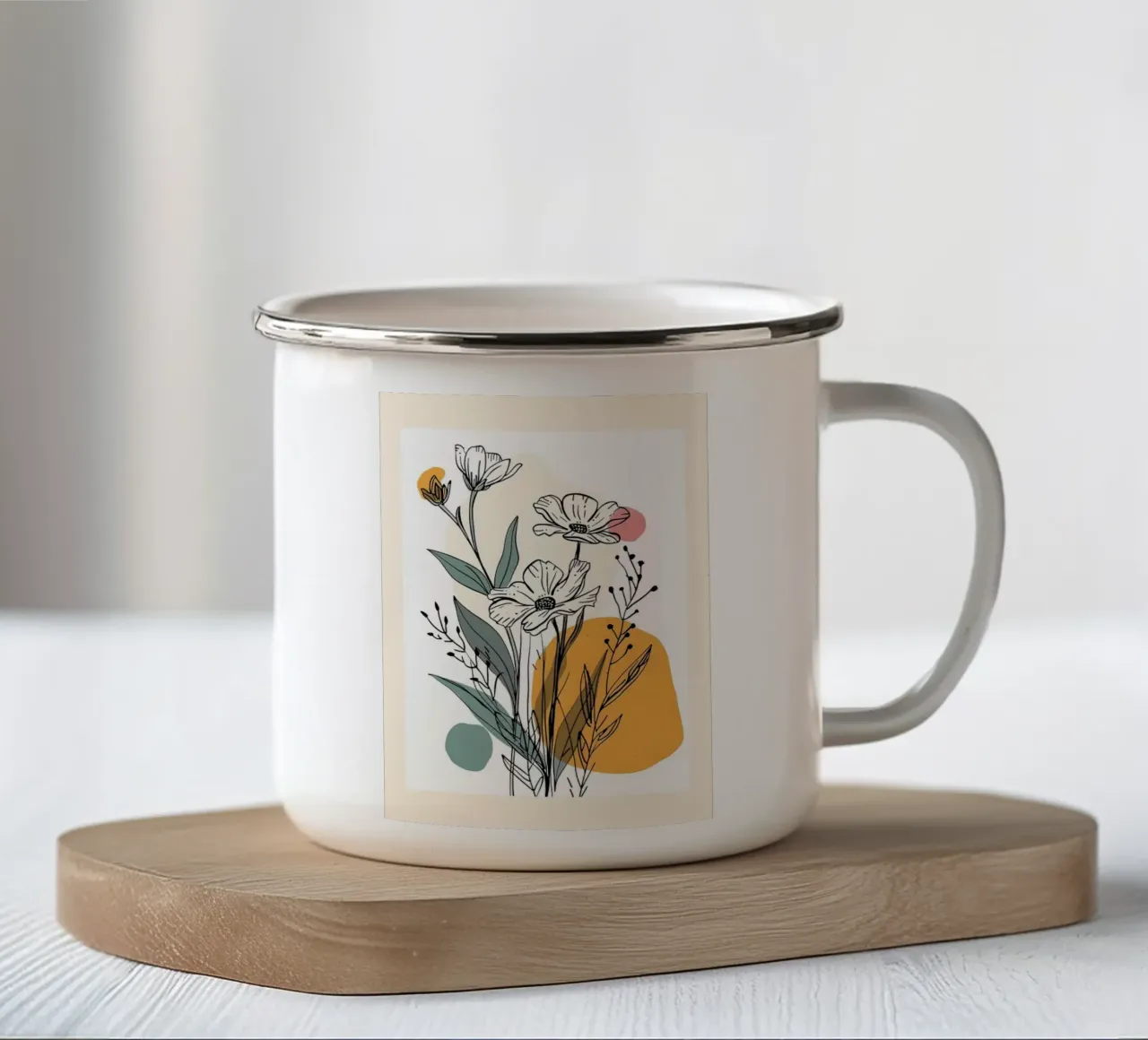 Line art floreale con forme astratte in rosa giallo blu tazza in smalto da E Cannon