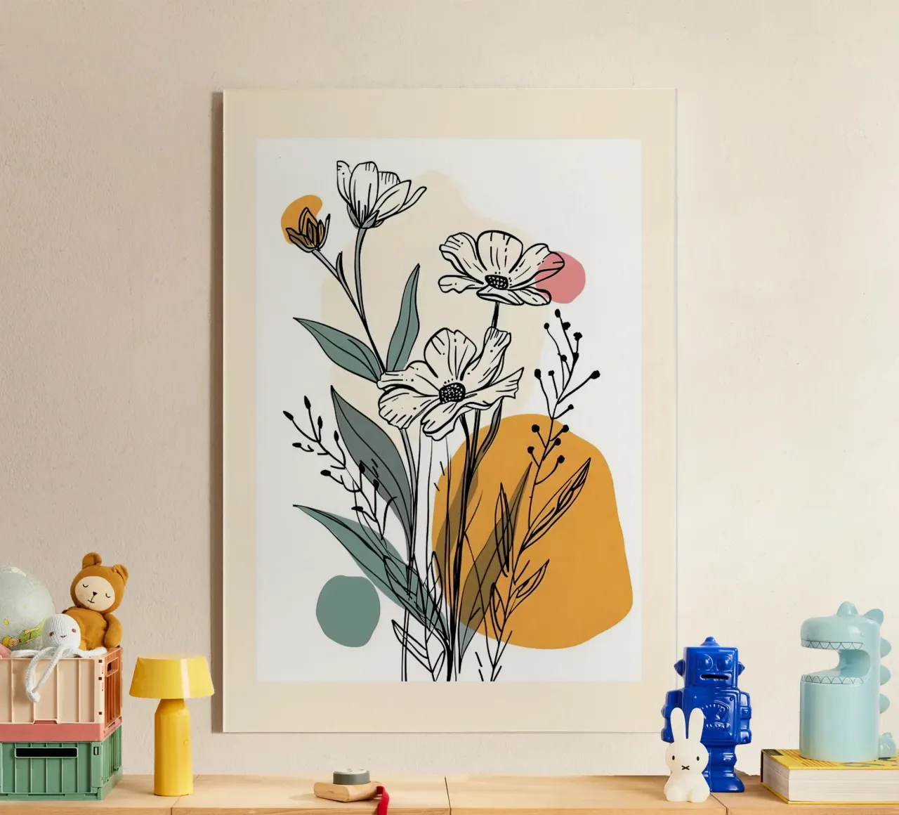 Line art floreale con forme astratte in rosa giallo blu plexiglass da E Cannon
