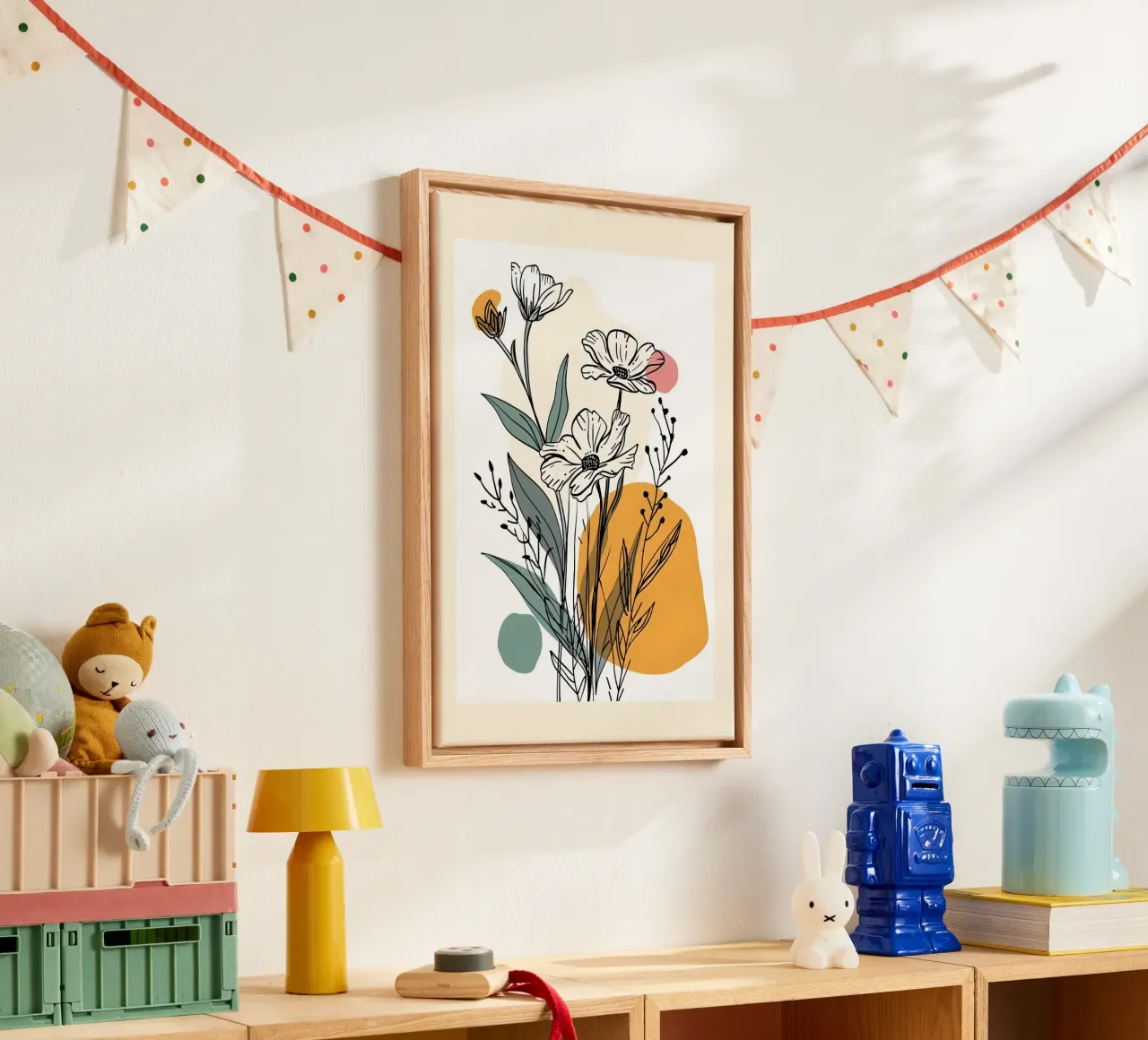 Bloemsierkunst met abstracte vormen in roze geel blauw canvas van E Cannon