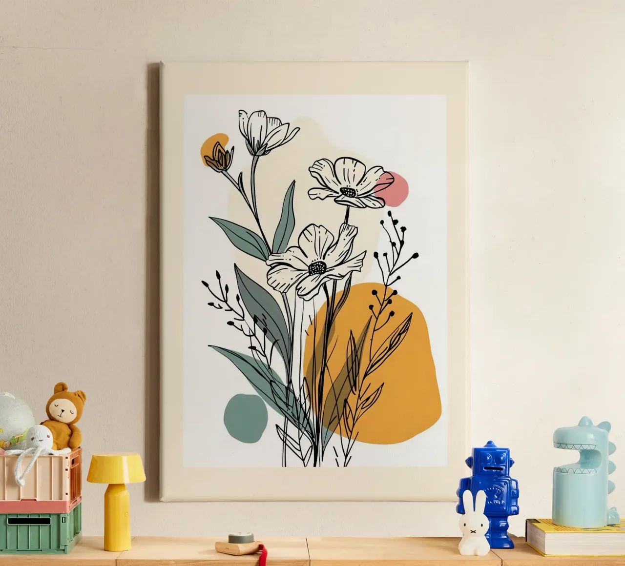 Bloemsierkunst met abstracte vormen in roze geel blauw canvas van E Cannon