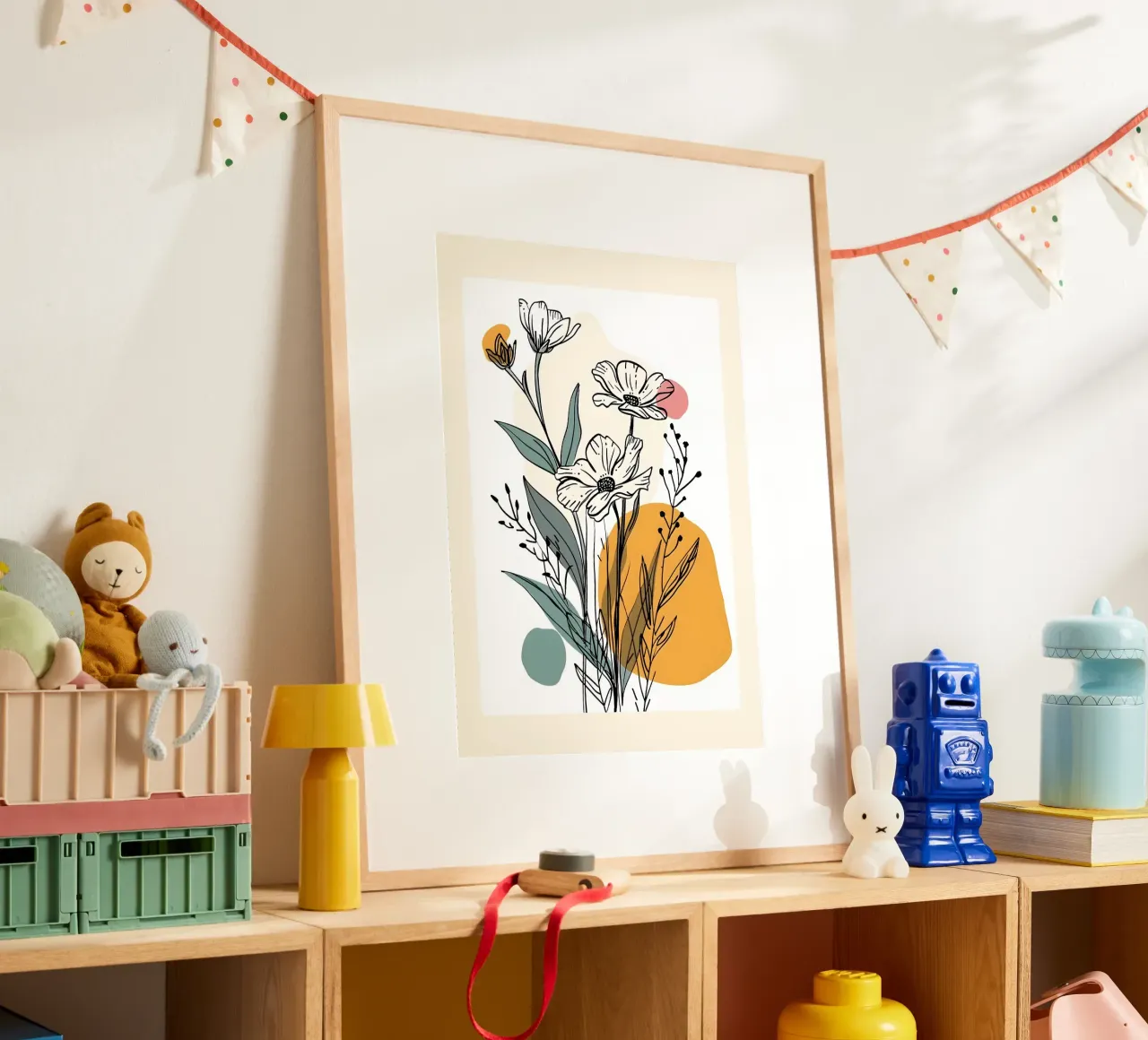 Art linéaire floral avec formes abstraites en rose, jaune et bleu poster de E Cannon