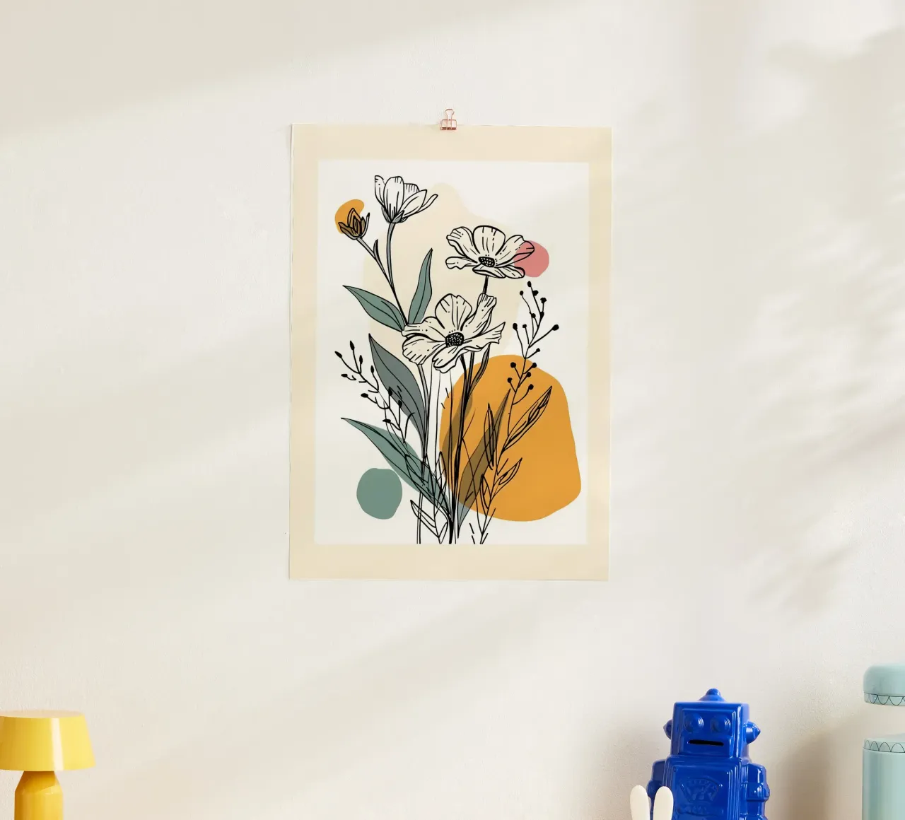 Art linéaire floral avec formes abstraites en rose, jaune et bleu poster de E Cannon
