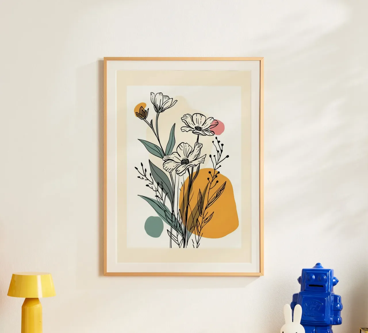 Art linéaire floral avec formes abstraites en rose, jaune et bleu poster de E Cannon