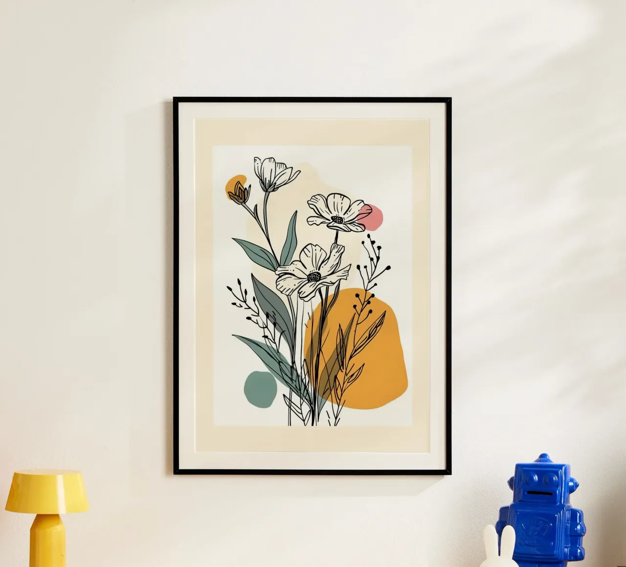 Art linéaire floral avec formes abstraites en rose, jaune et bleu poster de E Cannon