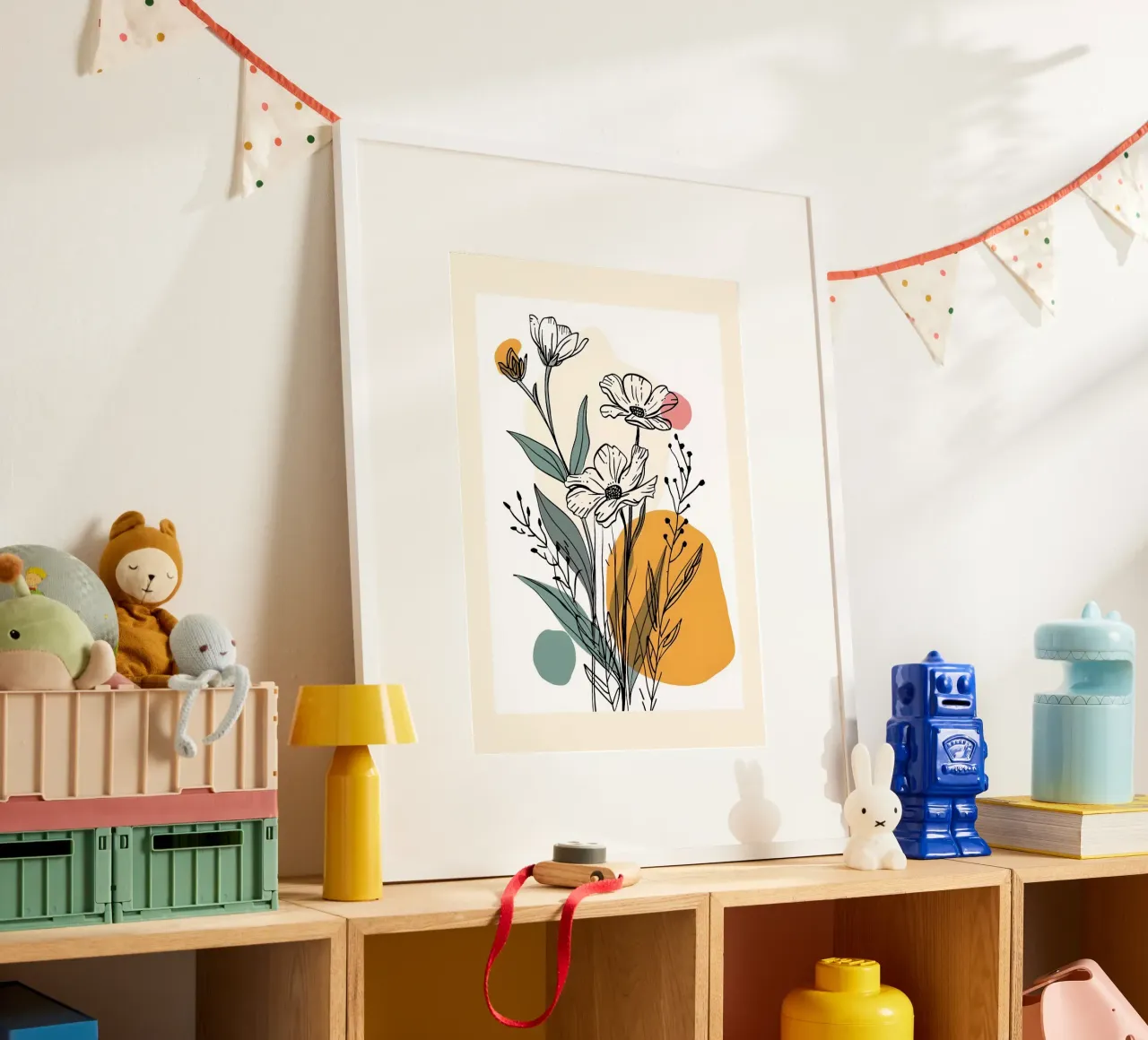 Art linéaire floral avec formes abstraites en rose, jaune et bleu poster de E Cannon