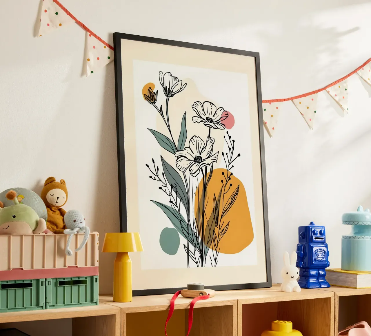 Art linéaire floral avec formes abstraites en rose, jaune et bleu poster de E Cannon