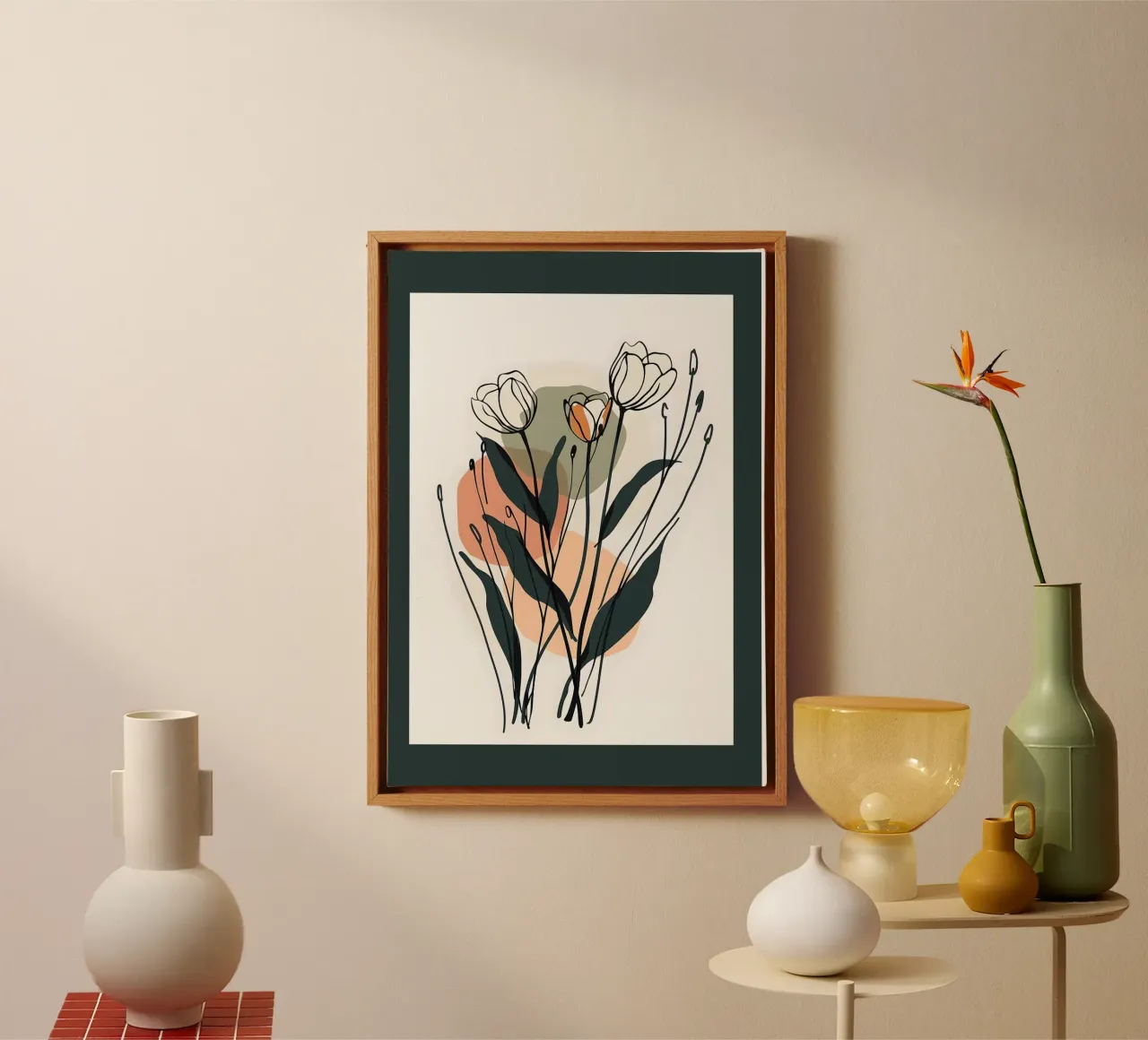 Dark Green and Peach Abstract Floral Line Art canvas with Floater frame by E Cannon