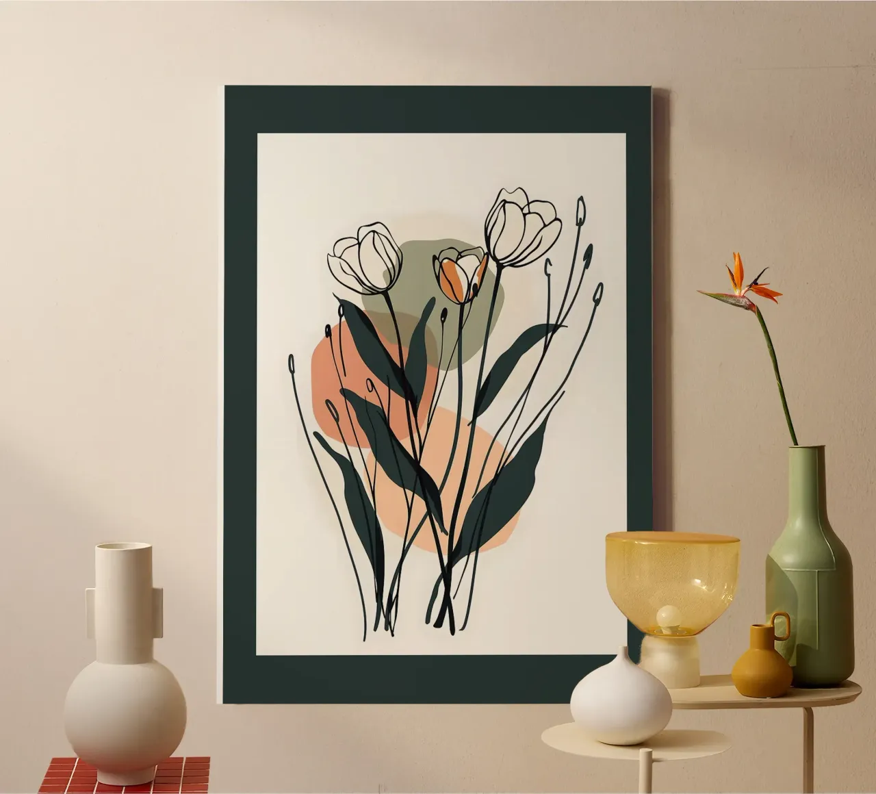 Dark Green and Peach Abstract Floral Line Art canvas with Floater frame by E Cannon