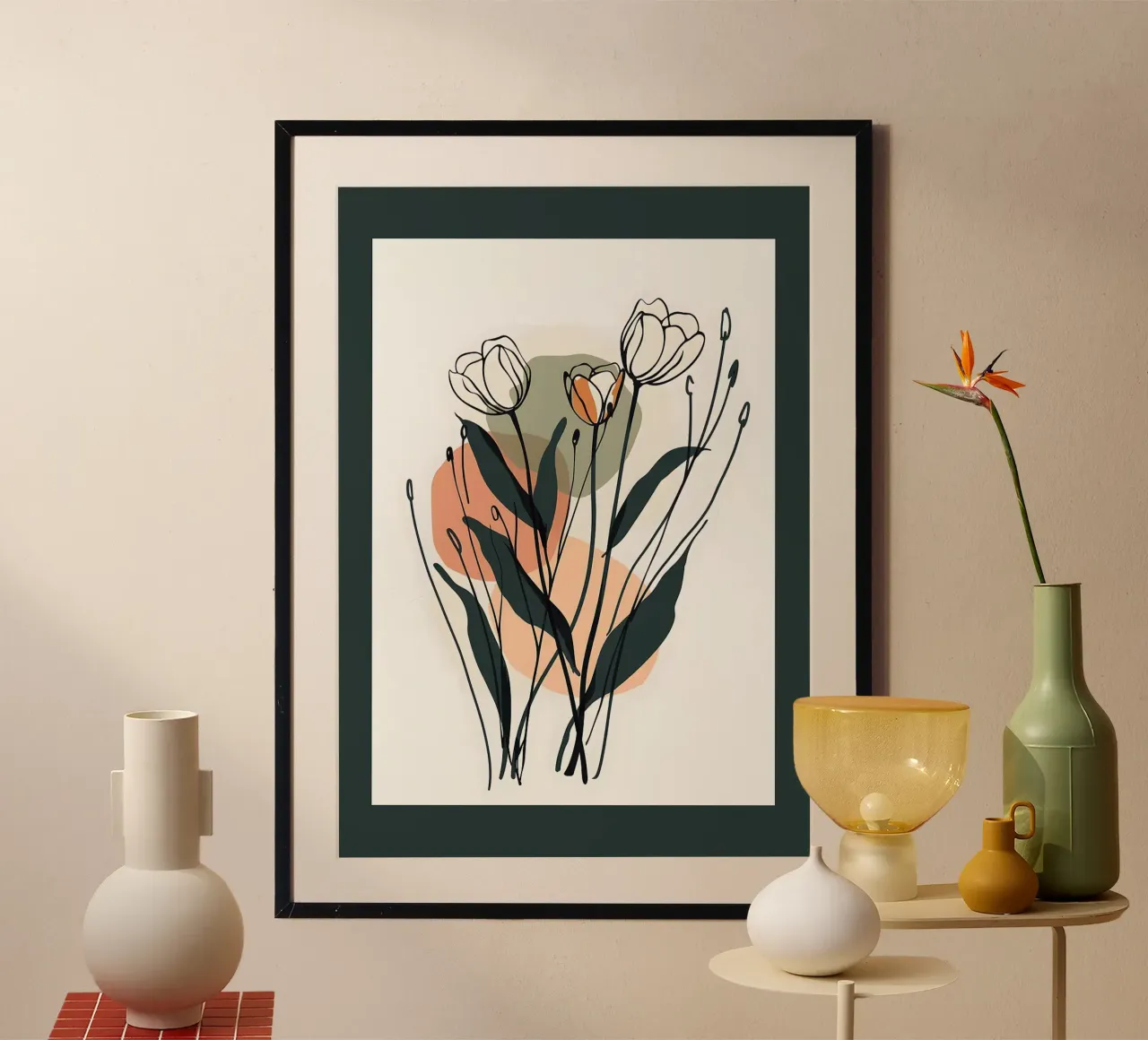 Dessin au trait floral abstrait vert foncé et pêche poster de E Cannon