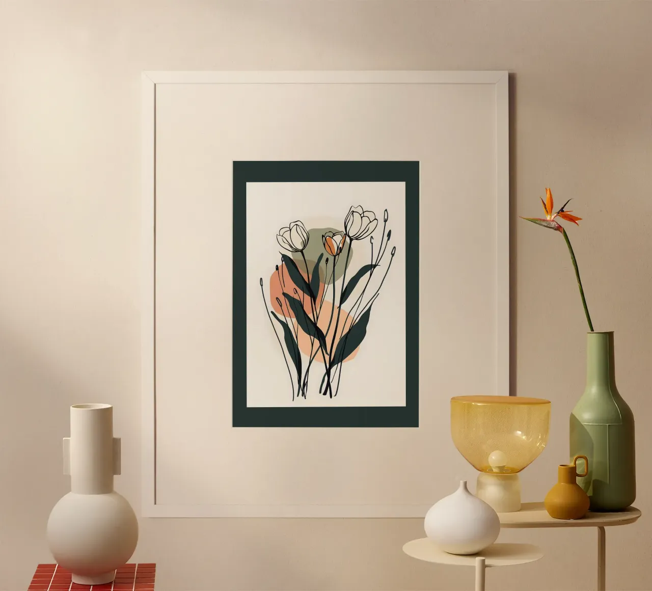 Dessin au trait floral abstrait vert foncé et pêche poster de E Cannon