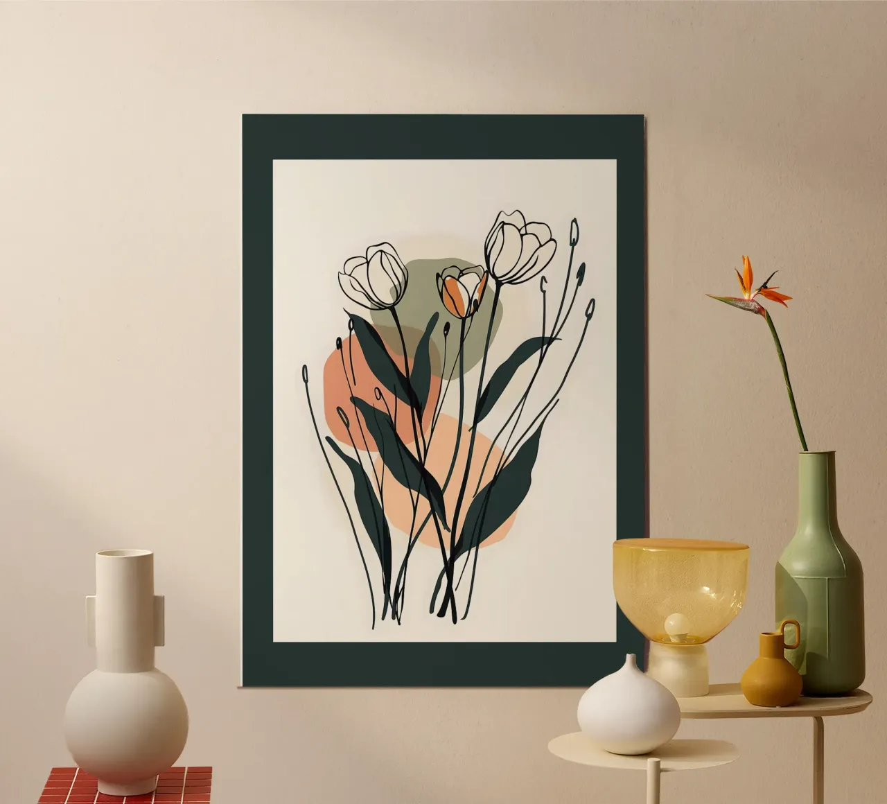 Dessin au trait floral abstrait vert foncé et pêche poster de E Cannon
