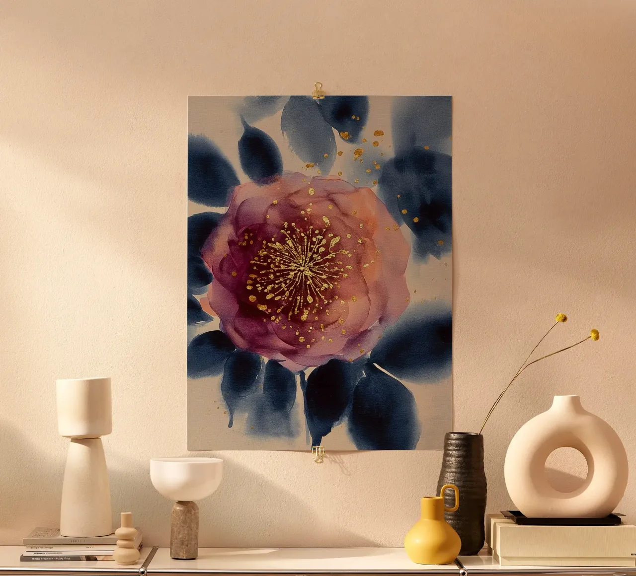 Fiore di mezzanotte con oro poster con telaio in alluminio da Sophia Calder Studio