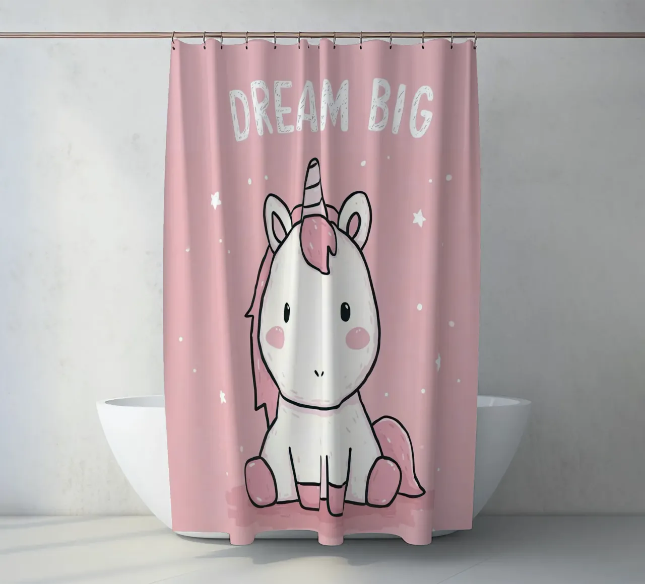 Pink Unicorn Sitting Under “Dream Big” Stars shower curtain by Moodwall