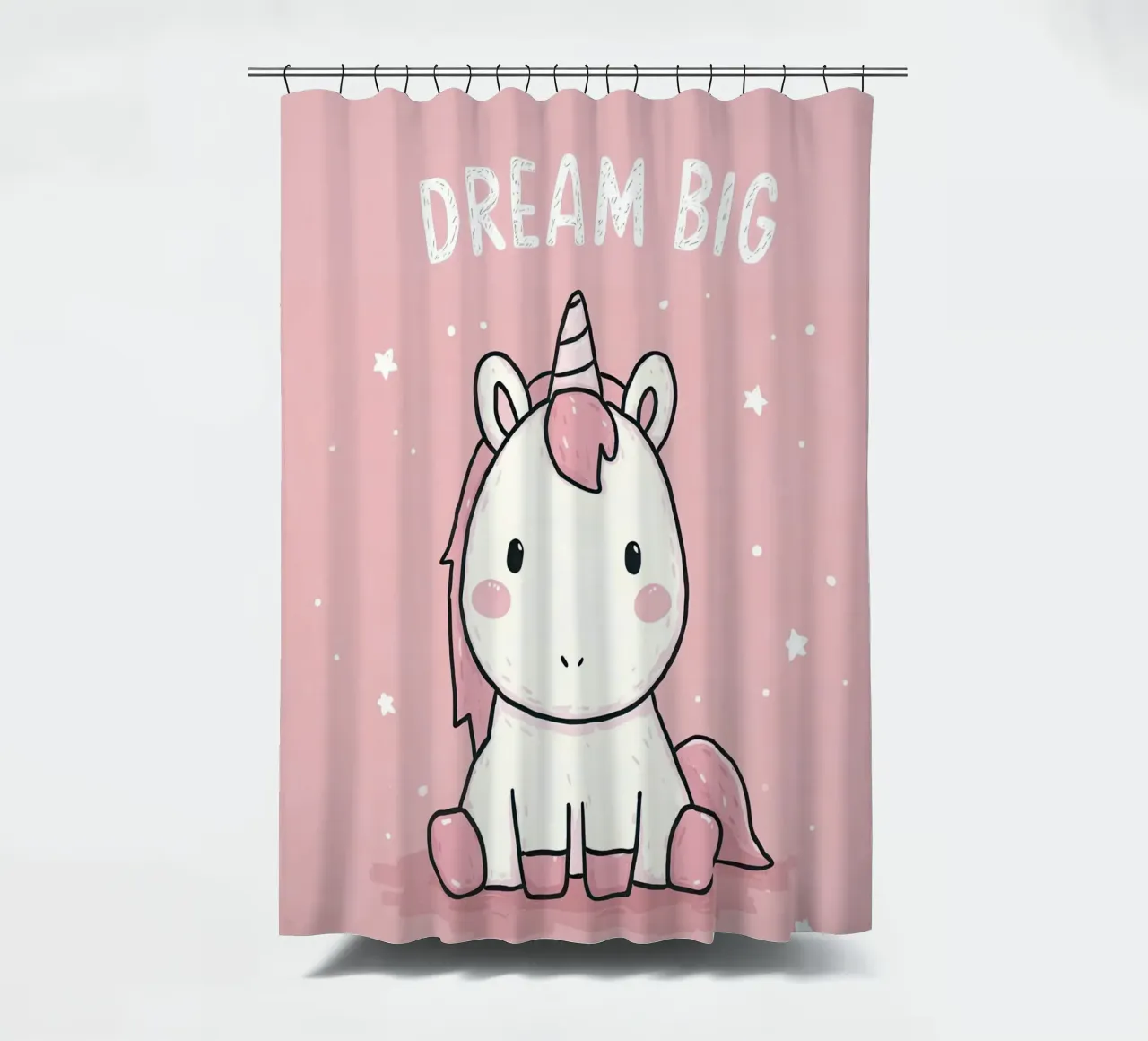 Pink Unicorn Sitting Under “Dream Big” Stars shower curtain by Moodwall