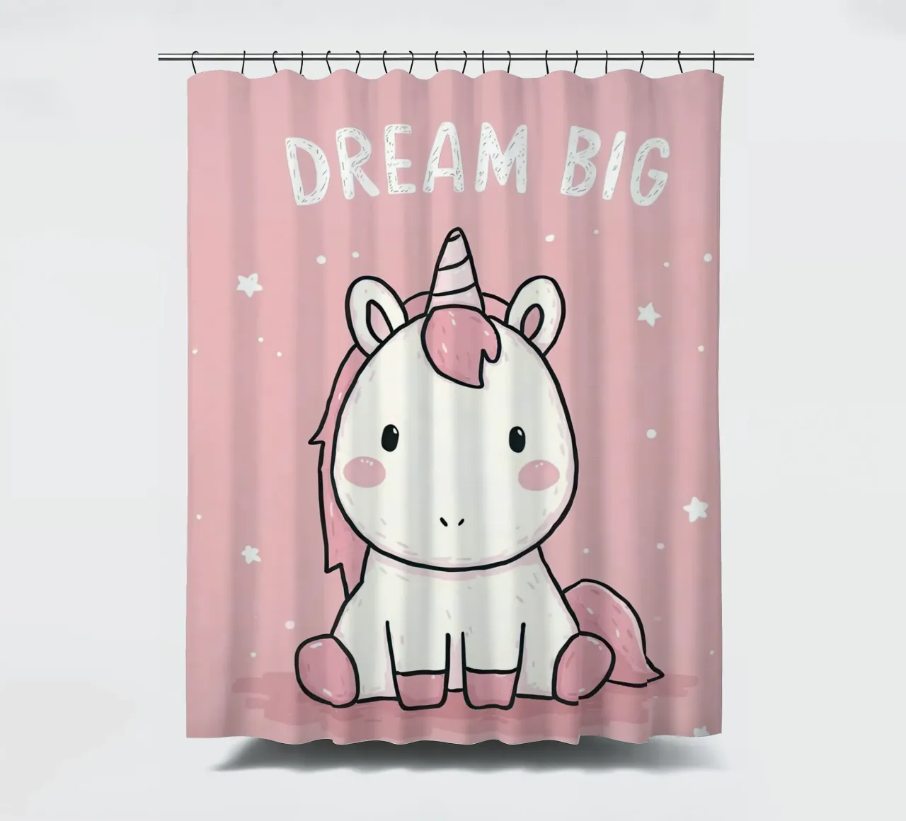 Pink Unicorn Sitting Under “Dream Big” Stars shower curtain by Moodwall