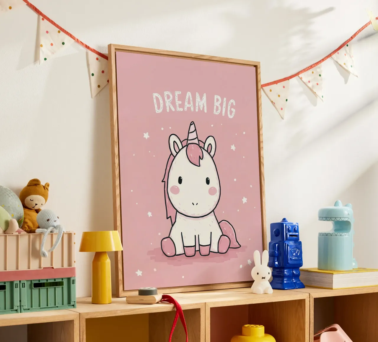 Pink Unicorn Sitting Under “Dream Big” Stars acrylic glass by Moodwall