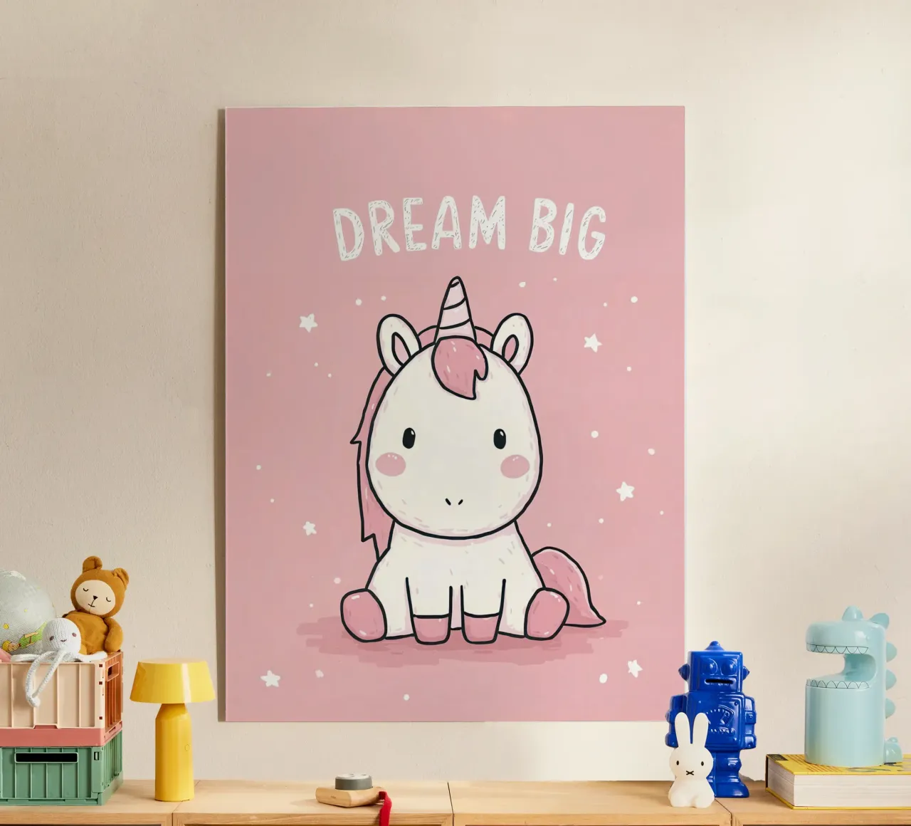 Pink Unicorn Sitting Under “Dream Big” Stars acrylic glass by Moodwall
