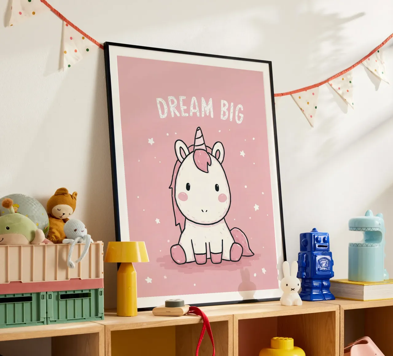 Pink Unicorn Sitting Under “Dream Big” Stars poster by Moodwall
