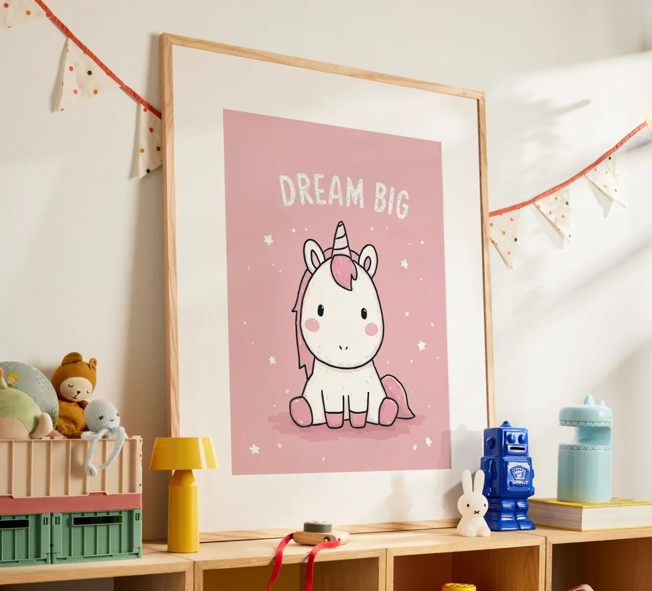 Pink Unicorn Sitting Under “Dream Big” Stars poster with plastic frame by Moodwall