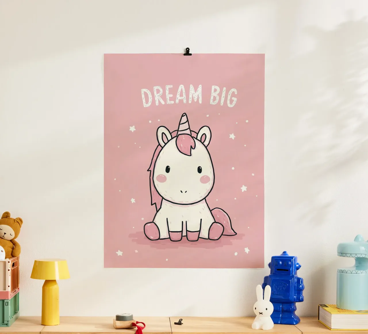 Pink Unicorn Sitting Under “Dream Big” Stars poster with plastic frame by Moodwall