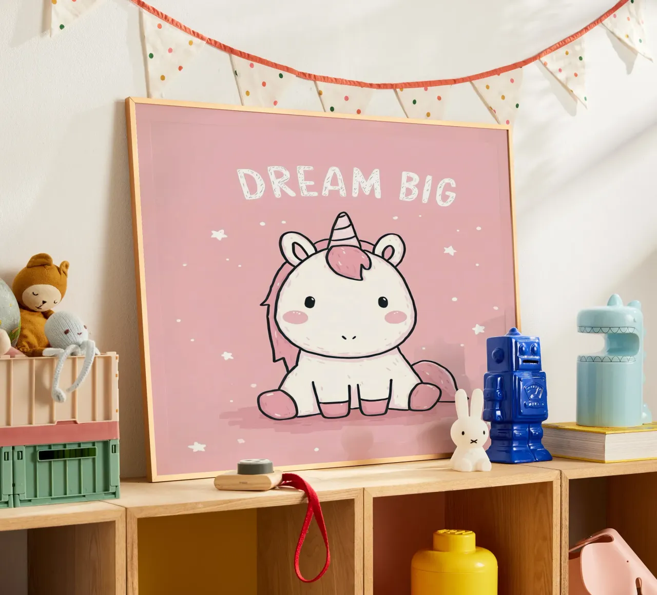 Pink Unicorn Sitting Under “Dream Big” Stars poster with plastic frame by Moodwall