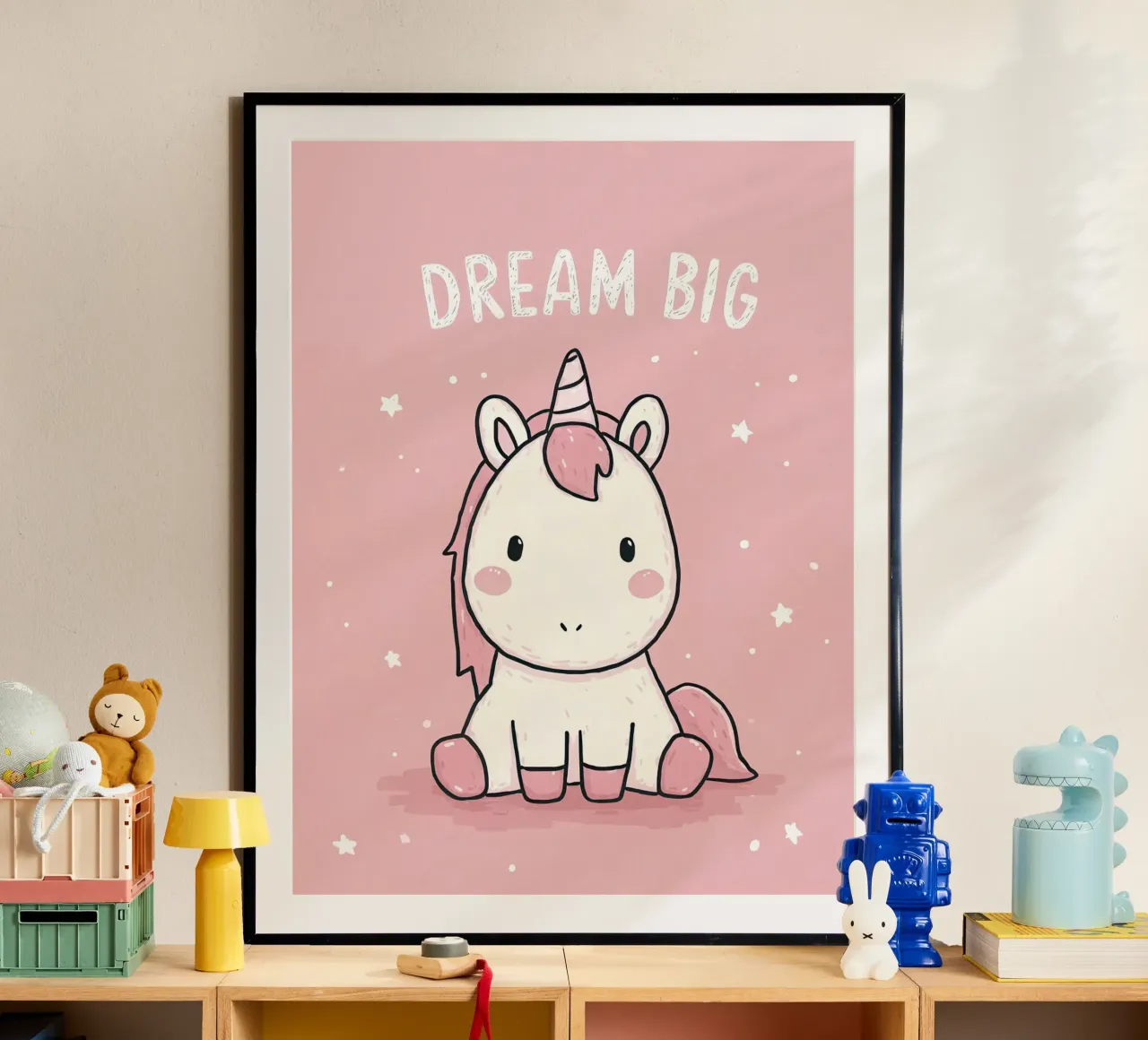 Pink Unicorn Sitting Under “Dream Big” Stars poster by Moodwall